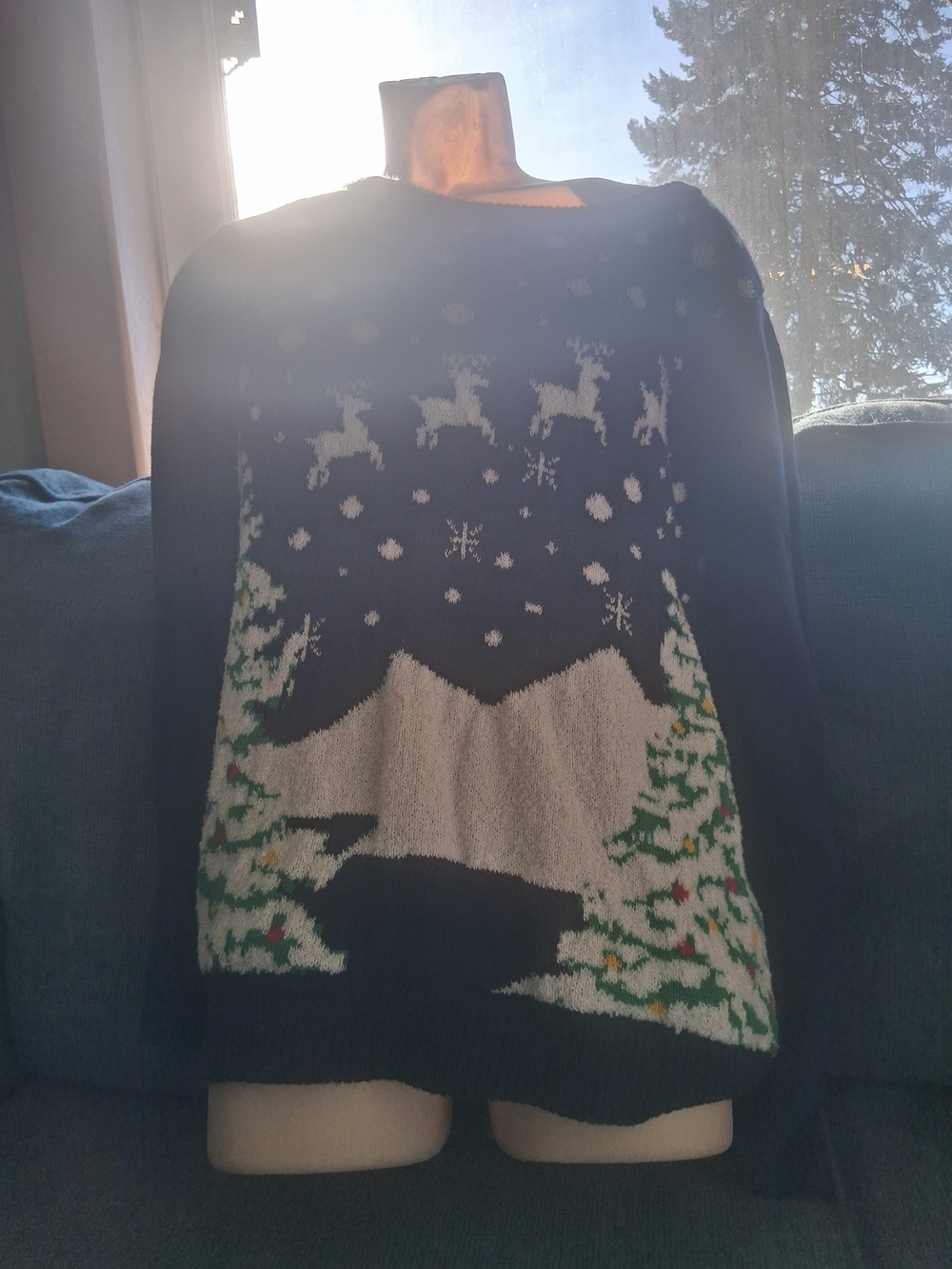 Navy Holiday Sweater with Winter Reindeer and Trees